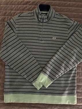 Vineyard Vines Men's Sage Green and Navy Striped Zip-Up Sweater